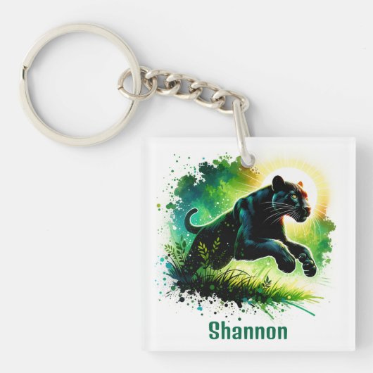 Porte-clés Panthère noire avec cadre vert Monogramme | (Devant)