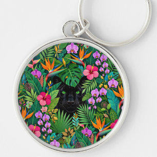 Porte-clés Panthère noire Fleurs de jungle et feuillage tropi