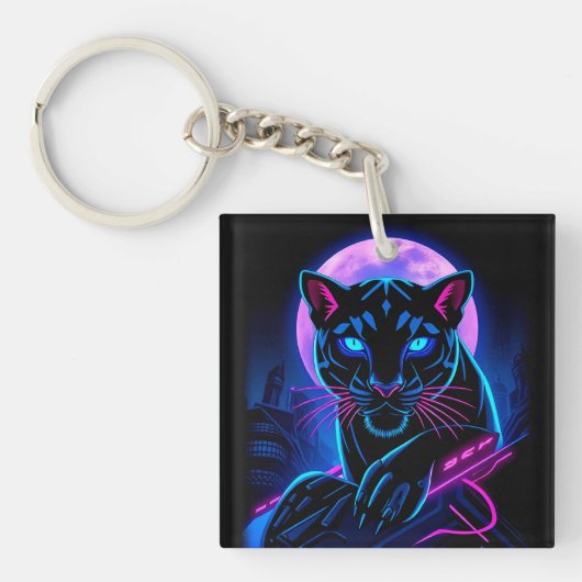 Porte-clés Panthère noire néon Cyberpunk (Devant)