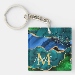 Porte-clés Paon bleu et vert Fausse agate scintillante