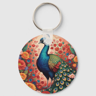 Porte-clés Paon et fleurs