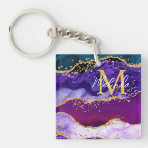 Porte-clés Paon Violet et Bleu Faux Paillettes Agate