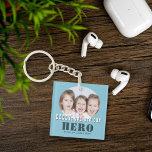 Porte-clés Papa moderne, tu es notre héros Photo Fête du Père<br><div class="desc">Papa moderne tu es notre Héros Photo Père’s Day Porte - clé. La typographie moderne et une photo dans un cadre rond. Vous pouvez changer papa en papa, papa, pap, ... et ajouter votre photo et vos noms. Un cadeau mignon et un doux souvenir pour la fête des pères pour...</div>