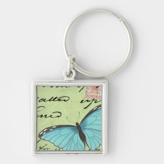 Porte-clés Papillon à ailes bleues sur carte postale Turquois (Devant)