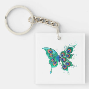 Porte-clés Papillon aux plumes de paon vert