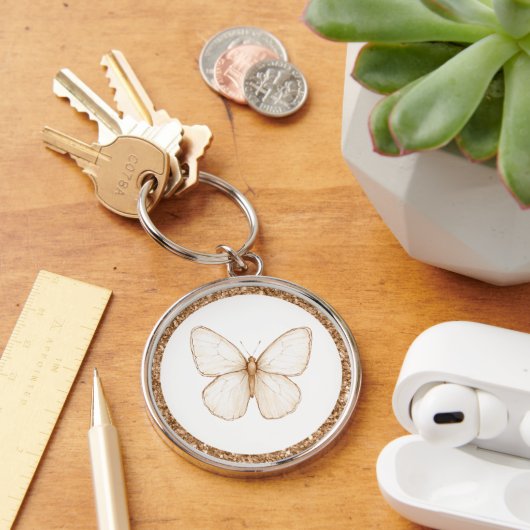 Porte-clés Papillon blanc pailleté faux or (Bureau)