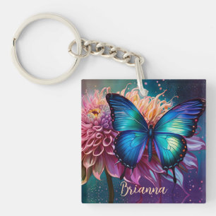 Porte-clés Papillon bleu et Dahlia