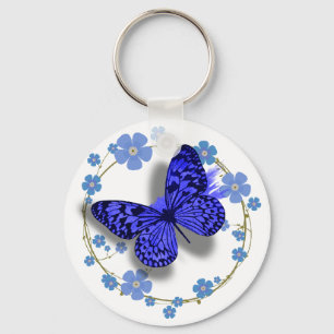 Porte-clés Papillon bleu & Fleurs Jolie clé/sac Chaîne