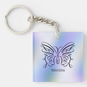 Porte-clés Papillon bleu violet Holographique Nom du monogram