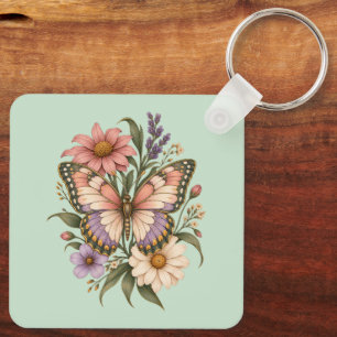Porte-clés Papillon botanique vintage & Fleurs sauvages