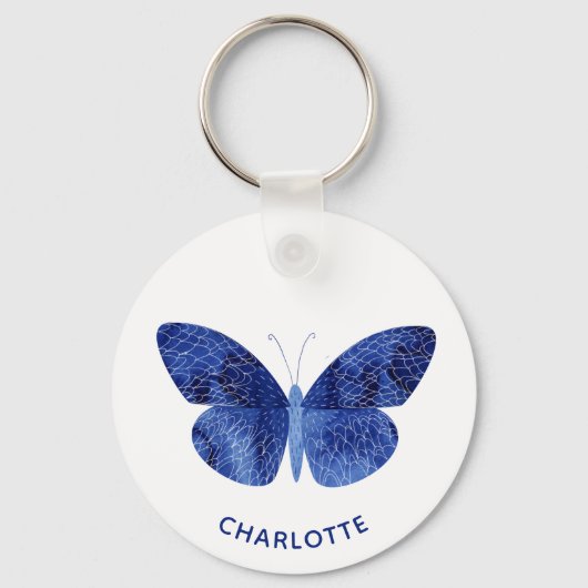 Porte-clés Papillon d'aquarelle bleu personnalisé (Recto)