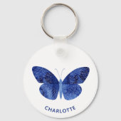 Porte-clés Papillon d'aquarelle bleu personnalisé (Verso)