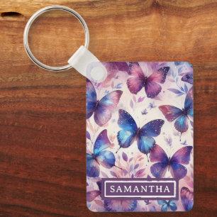 Porte-clés Papillon d'aquarelle rose-violet personnalisé
