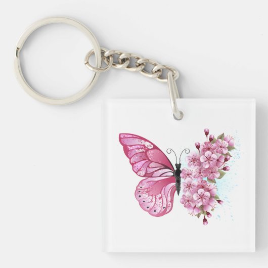 Porte-clés Papillon de fleurs avec Sakura rose (Devant)