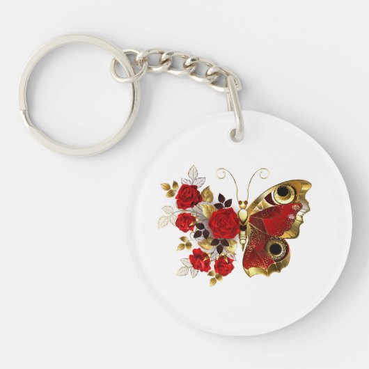 Porte-clés Papillon de fleurs rouges aux roses rouges (Devant)