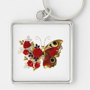 Porte-clés Papillon de fleurs rouges aux roses rouges