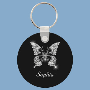 Porte-clés Papillon Diamant Blanc, Nom de Script DIY, Noir