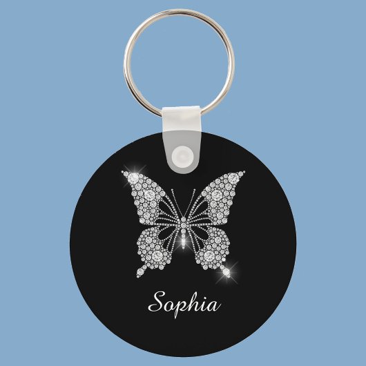 Porte-clés Papillon Diamant Blanc, Nom de Script DIY, Noir