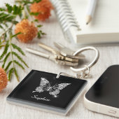 Porte-clés Papillon Diamant Blanc, Nom de Script DIY, Noir (Devant Droit)