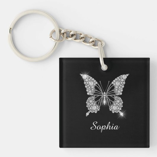 Porte-clés Papillon Diamant Blanc, Nom de Script DIY, Noir (Devant)