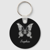 Porte-clés Papillon Diamant Blanc, Nom de Script DIY, Noir (Recto)