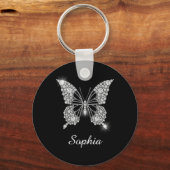 Porte-clés Papillon Diamant Blanc, Nom de Script DIY, Noir (Recto)