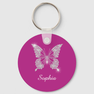 Porte-clés Papillon Diamant Blanc, Nom de Script, Fuchsia Pro