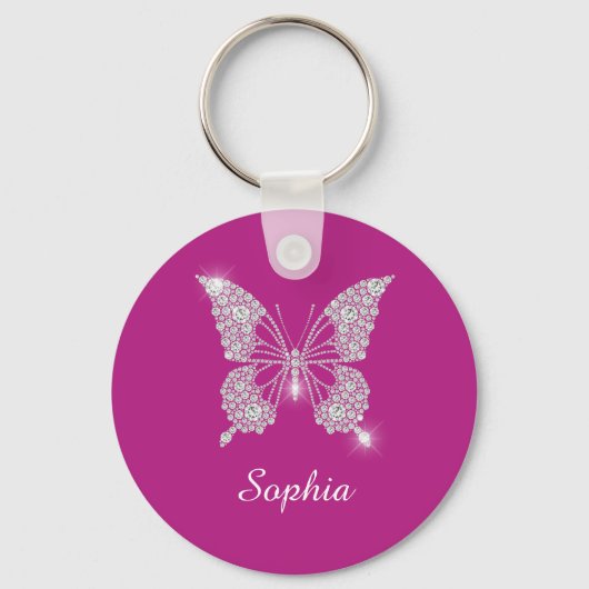 Porte-clés Papillon Diamant Blanc, Nom de Script, Fuchsia Pro (Recto)