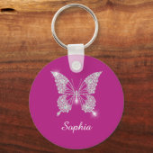 Porte-clés Papillon Diamant Blanc, Nom de Script, Fuchsia Pro (Recto)