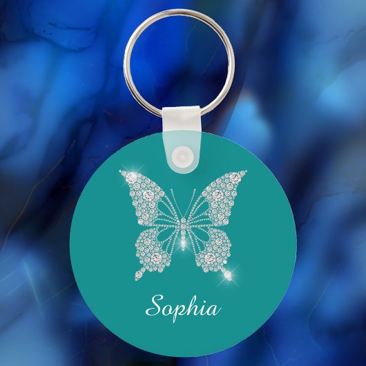 Porte-clés Papillon Diamant Blanc, Nom de Script, Turquoise P