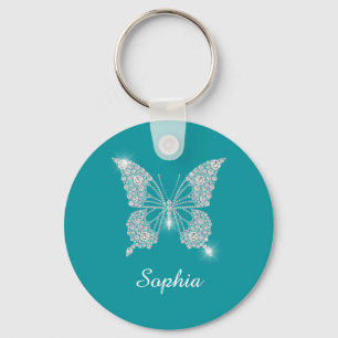 Porte-clés Papillon Diamant Blanc Nom DIY Script, Bleu Canard