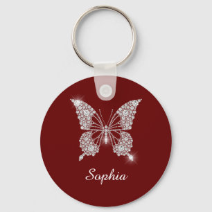 Porte-clés Papillon Diamant Blanc, Nom do-it-yourself Script,