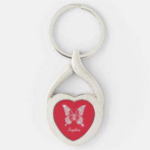 Porte-clés Papillon Diamant Blanc, Nom du script, Rouge Profo
