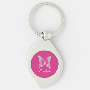 Porte-clés Papillon Diamant Blanc, Nom en écriture, Fuchsia