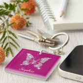 Porte-clés Papillon Diamant Blanc, Nom en écriture, Fuchsia P (Devant Droit)