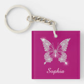 Porte-clés Papillon Diamant Blanc, Nom en écriture, Fuchsia P (Devant)