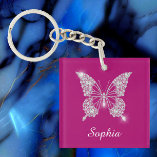 Porte-clés Papillon Diamant Blanc, Nom en écriture, Fuchsia P