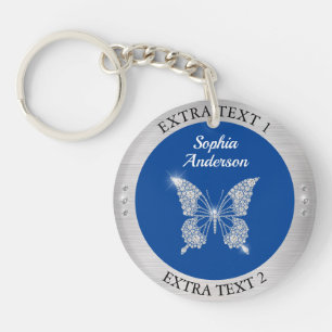 Porte-clés Papillon Diamant Métal Argent Nom/Info Bleu Profon