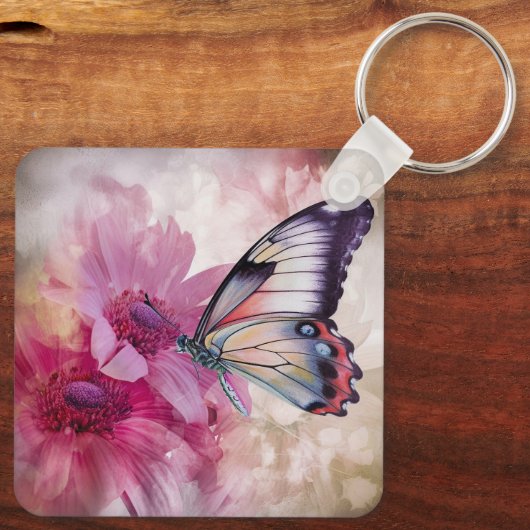 Porte-clés Papillon Dreamy aux fleurs roses (Verso)