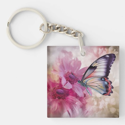 Porte-clés Papillon Dreamy aux fleurs roses (Devant)