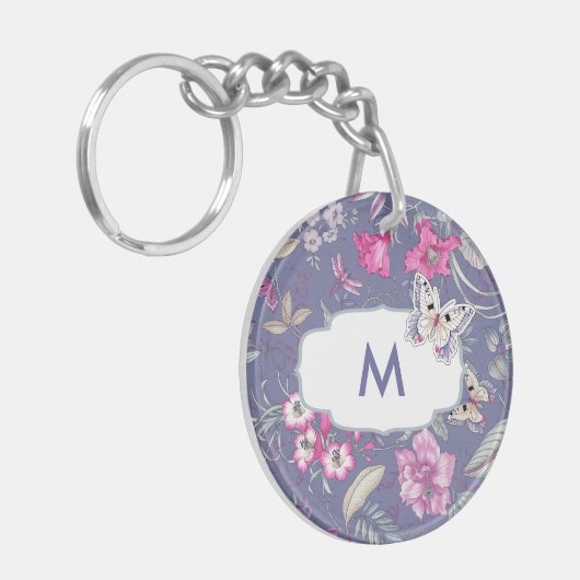 Porte-clés Papillon et fleurs Cadeau Monogramme personnalisé (Devant gauche)