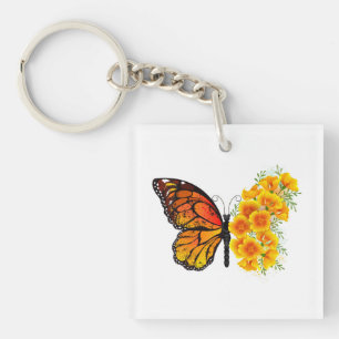 Porte-clés Papillon Fleur avec Pavot de Californie Jaune