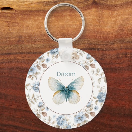 Porte-clés Papillon Fleurs Marron Crème Bleu Tan (Recto)