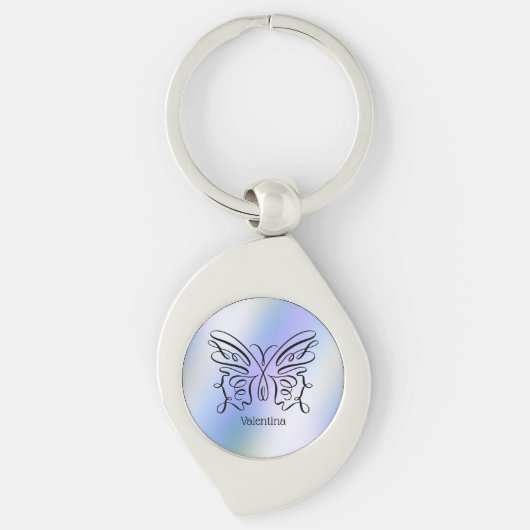 Porte-clés Papillon holographique bleu violet avec monogramme (Devant)