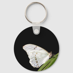 Porte-clés Papillon Morpho blanc sur feuille
