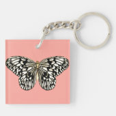 Porte-clés Papillon noir et blanc, fond rose corail (Dos)