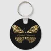 Porte-clés Papillon noir or élégant nom script (Recto)