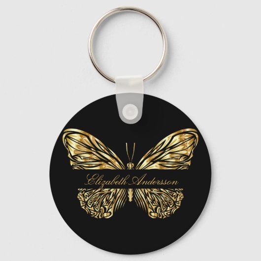 Porte-clés Papillon noir or élégant nom script (Recto)