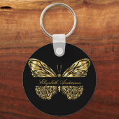 Porte-clés Papillon noir or élégant nom script (Recto)