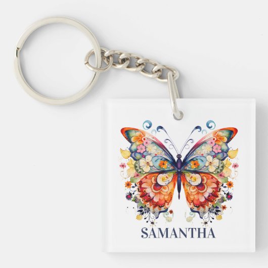 Porte-clés Papillon rétro floral coloré (Devant)
